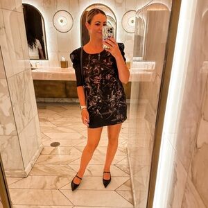 Kensie Satin Black Floral Mini Dress with Sheer Puff Sleeves